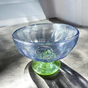 Amici Art Glass Footed Compote Large Drinking Cup Bowl Blue‎ And Green Bottom